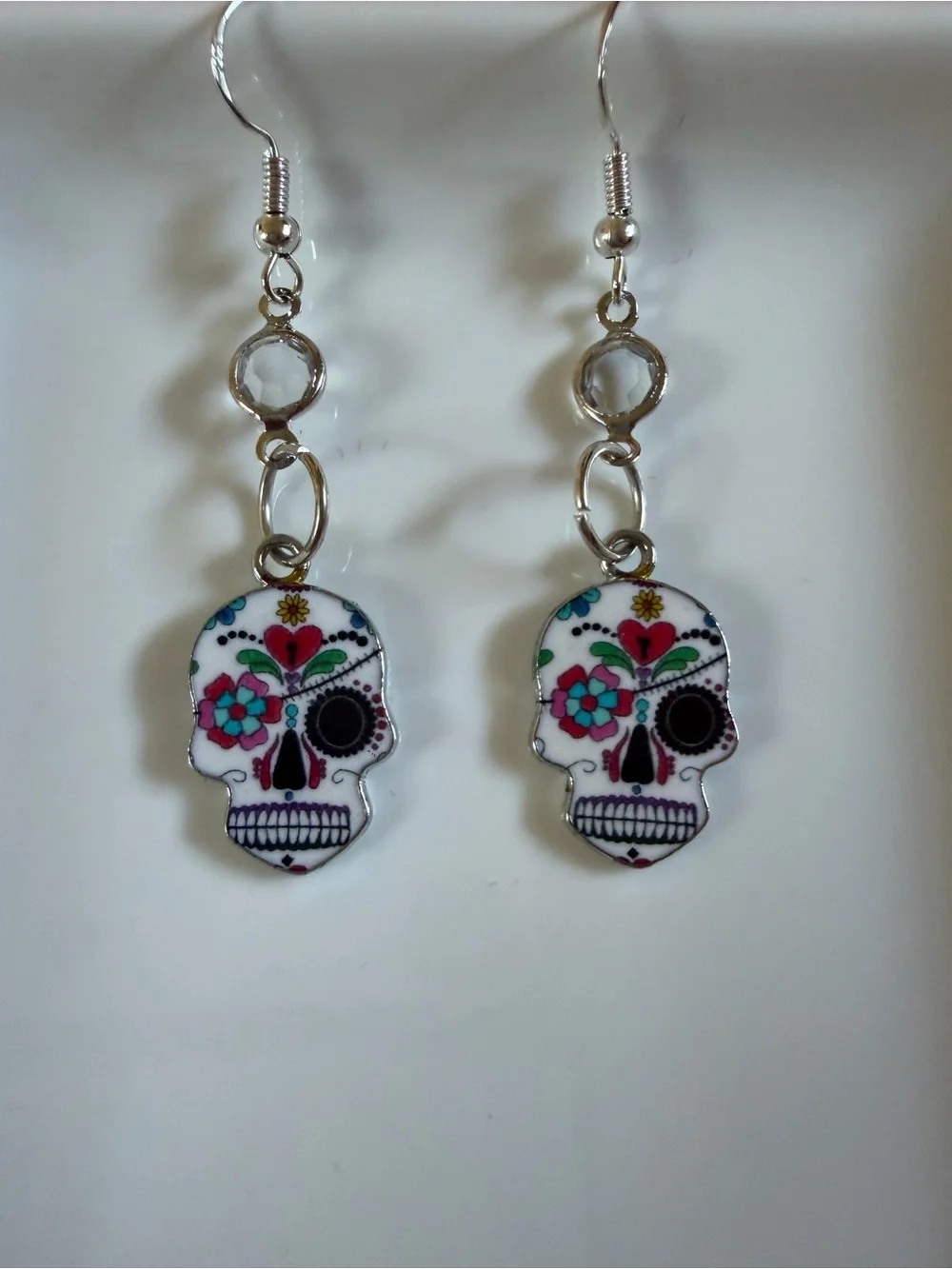 Silver Sugar Skull Dangle Earrings with Pink & Turquoise Accents